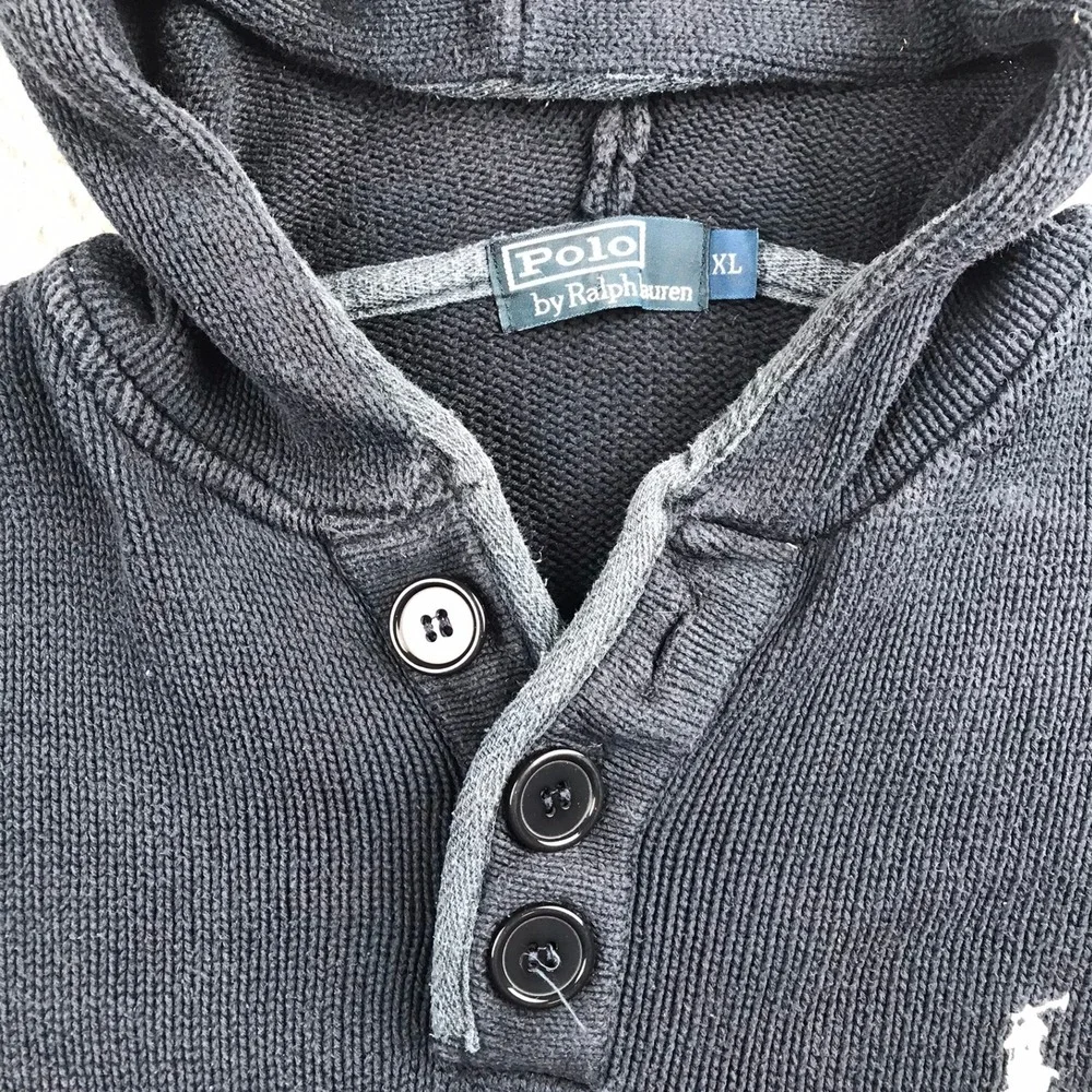 Polo Ralph Lauren Henley Hoodie Mens XL Navy Blue Cotton Knit Pullover Sweater